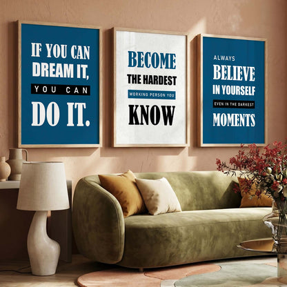 Motivational Quotes Wall Art Set of 3 Framed Prints for Studio