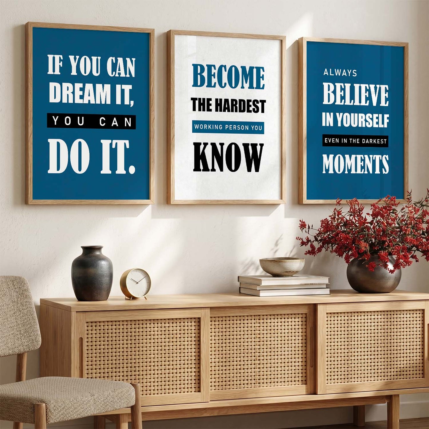 Motivational Quotes Wall Art Set of 3 Framed Prints for Studio