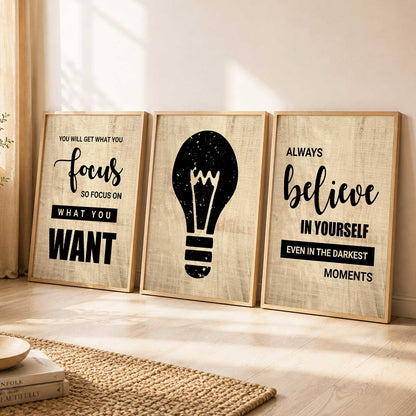 Motivational Quotes Wall Art Set of 3 Framed Prints for Kids Room