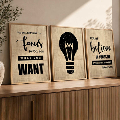 Motivational Quotes Wall Art Set of 3 Framed Prints for Kids Room