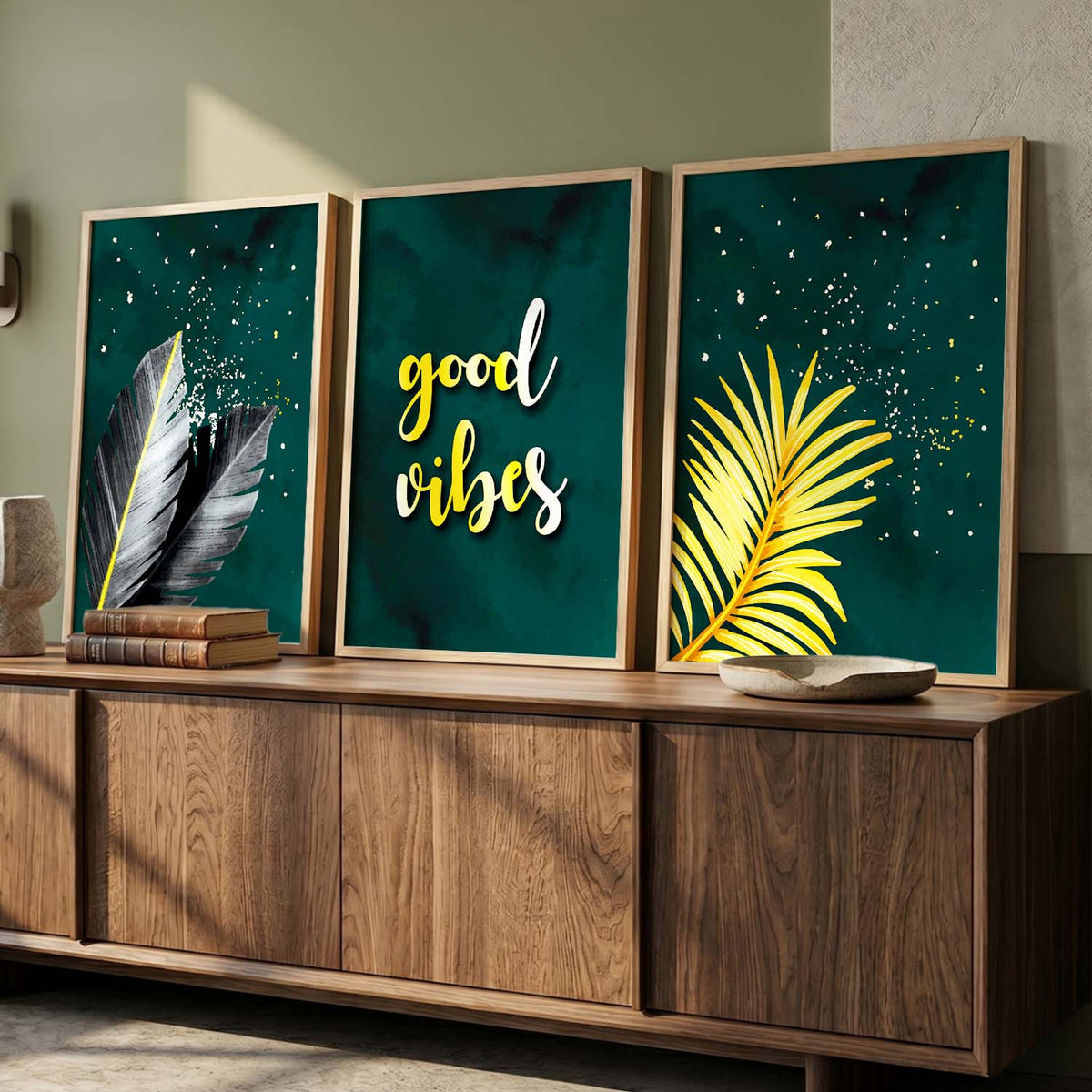 Good Vibes Nature Inspired Golden Leaf Wall Posters for Room Wall Decor : Black and Golden