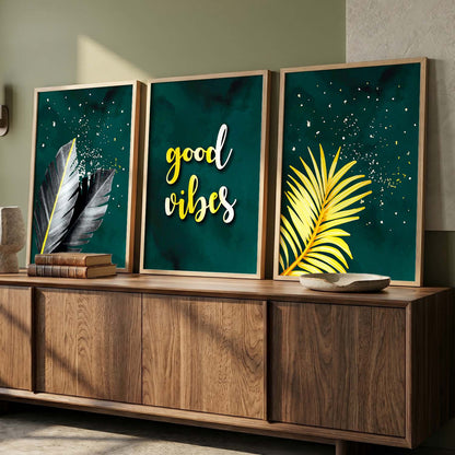 Good Vibes Nature Inspired Golden Leaf Wall Posters for Room Wall Decor : Black and Golden