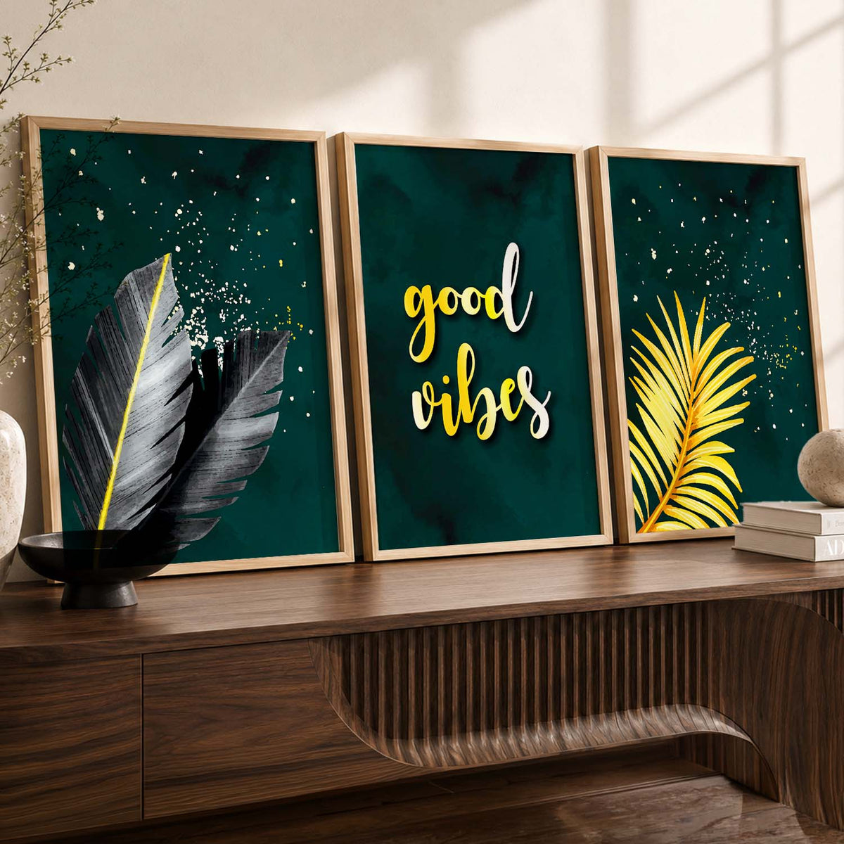 Good Vibes Nature Inspired Golden Leaf Wall Posters for Room Wall Decor : Black and Golden