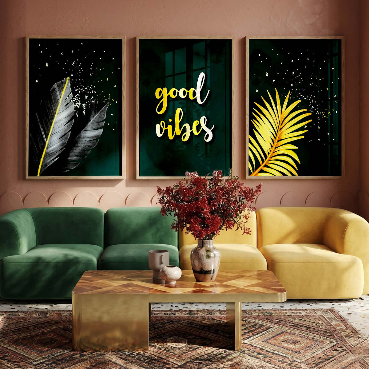 Good Vibes Nature Inspired Golden Leaf Wall Posters for Room Wall Decor : Black and Golden