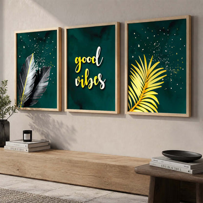 Good Vibes Nature Inspired Golden Leaf Wall Posters for Room Wall Decor : Black and Golden