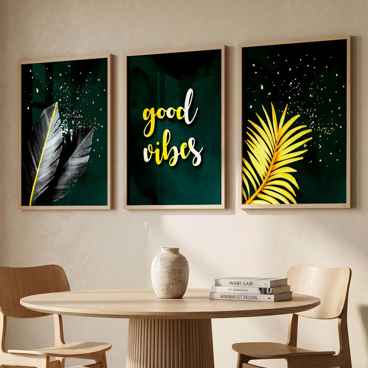 Good Vibes Nature Inspired Golden Leaf Wall Posters for Room Wall Decor : Black and Golden