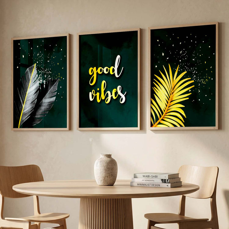 Good Vibes Nature Inspired Golden Leaf Wall Posters for Room Wall Decor : Black and Golden