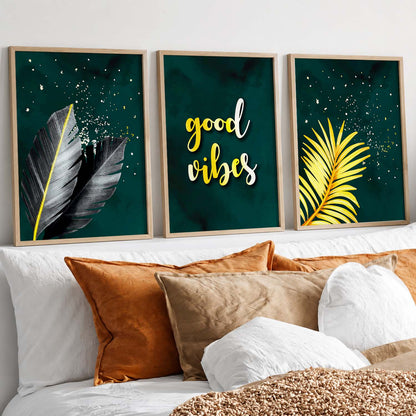 Good Vibes Nature Inspired Golden Leaf Wall Posters for Room Wall Decor : Black and Golden