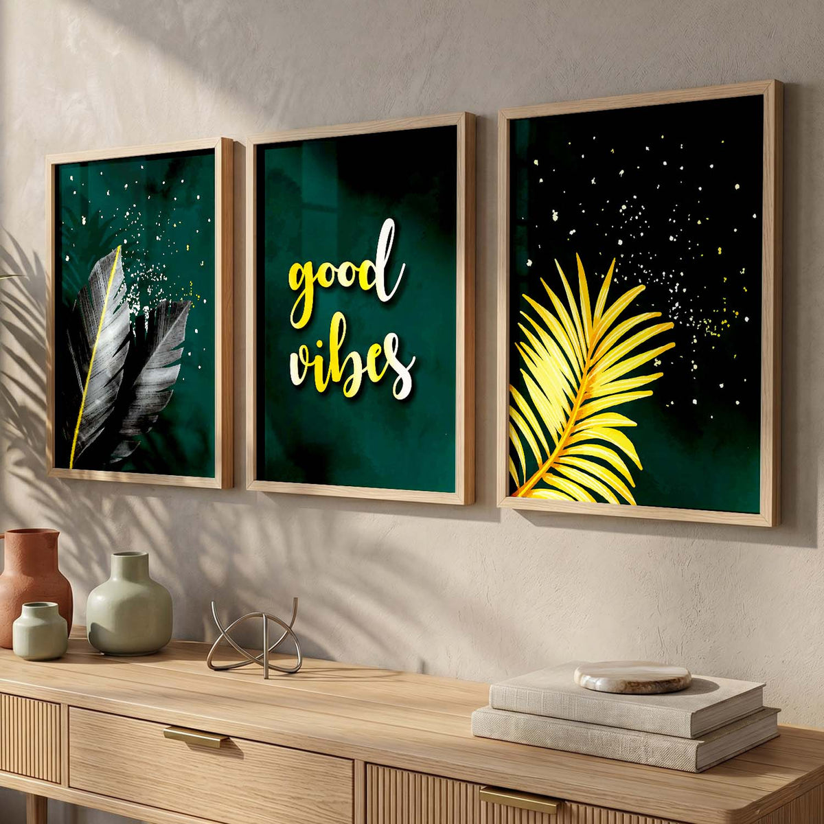 Good Vibes Nature Inspired Golden Leaf Wall Posters for Room Wall Decor : Black and Golden