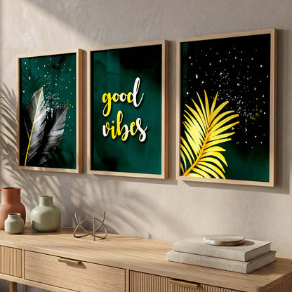 Good Vibes Nature Inspired Golden Leaf Wall Posters for Room Wall Decor : Black and Golden