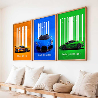 McLaren GT3, Bugatti W16 Mistral, Lamborghini Temerario Wall Art Paintings for Living Room