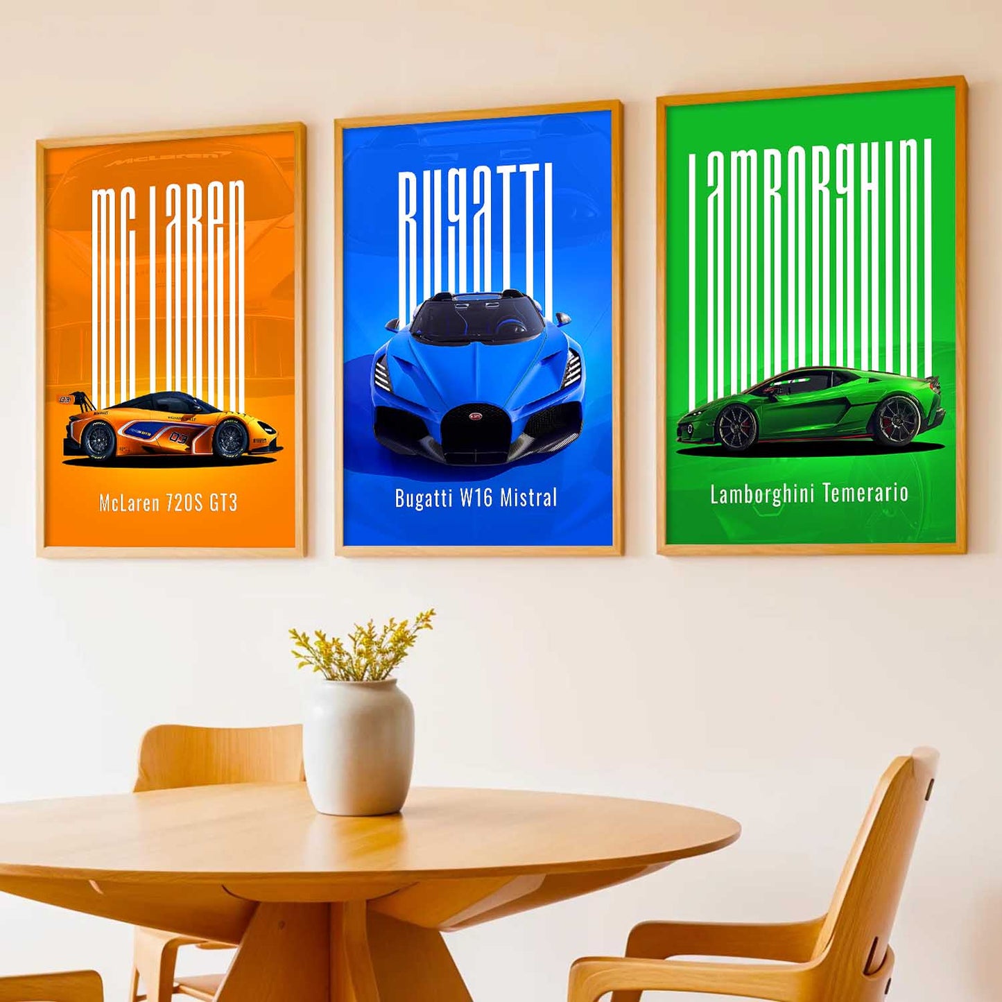McLaren GT3, Bugatti W16 Mistral, Lamborghini Temerario Wall Art Paintings for Living Room