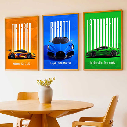 McLaren GT3, Bugatti W16 Mistral, Lamborghini Temerario Wall Art Paintings for Living Room