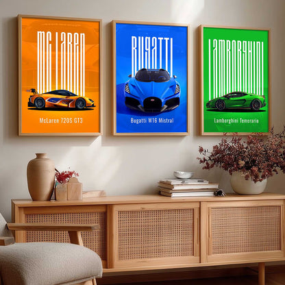 McLaren GT3, Bugatti W16 Mistral, Lamborghini Temerario Wall Art Paintings for Living Room