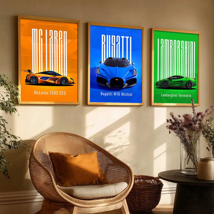 McLaren GT3, Bugatti W16 Mistral, Lamborghini Temerario Wall Art Paintings for Living Room