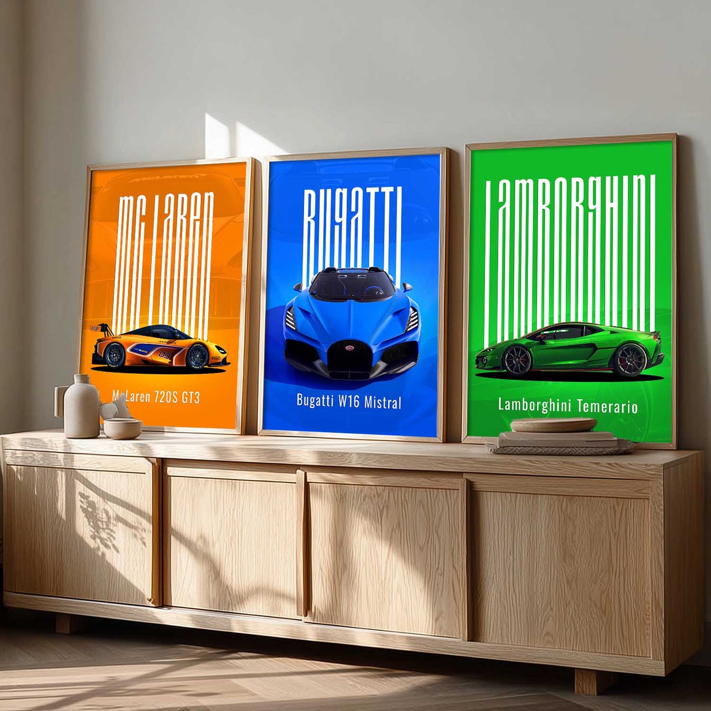 McLaren GT3, Bugatti W16 Mistral, Lamborghini Temerario Wall Art Paintings for Living Room