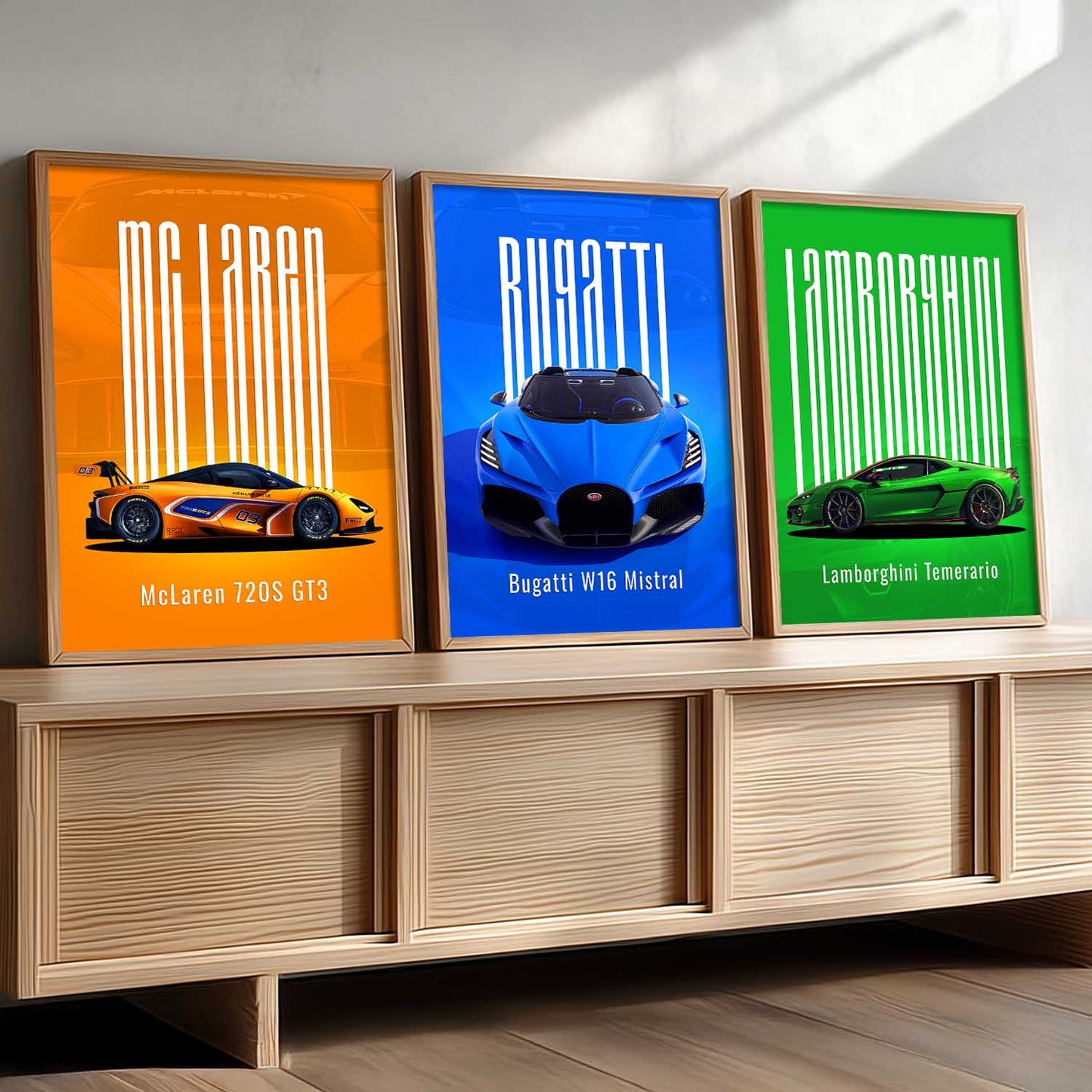 McLaren GT3, Bugatti W16 Mistral, Lamborghini Temerario Wall Art Paintings for Living Room