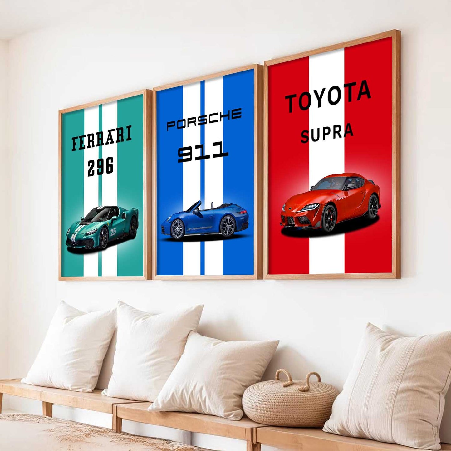 Ferrari 296, Porsche 911, Toyota Supra Car Wall Art Paintings for Living Room