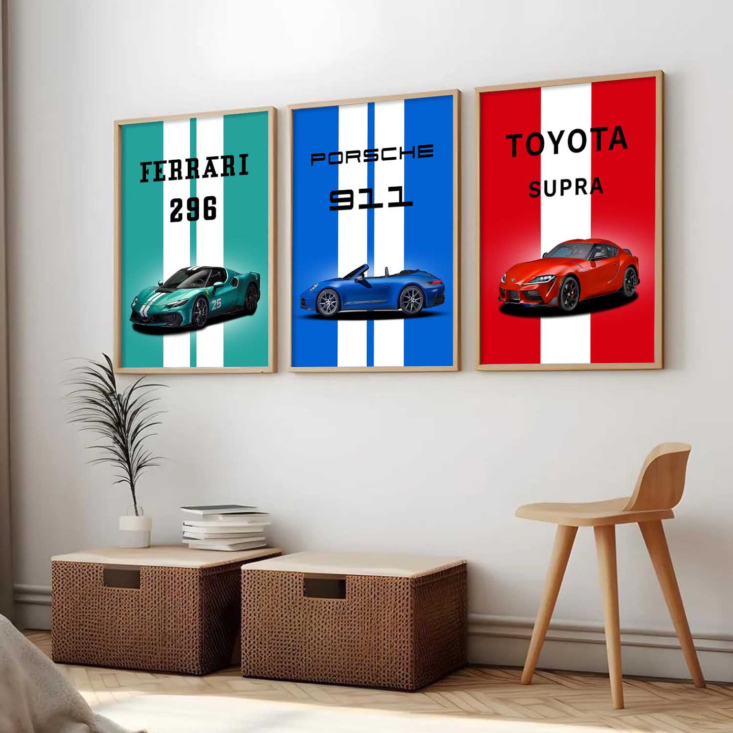 Ferrari 296, Porsche 911, Toyota Supra Car Wall Art Paintings for Living Room
