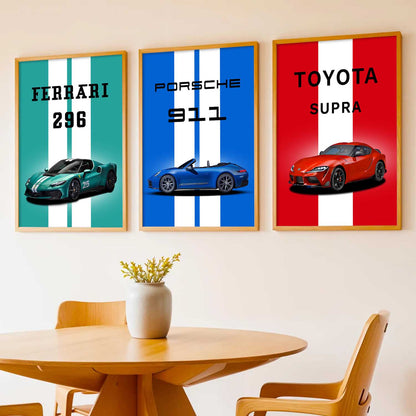 Ferrari 296, Porsche 911, Toyota Supra Car Wall Art Paintings for Living Room