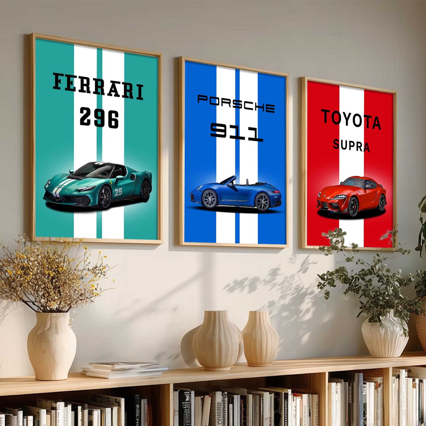Ferrari 296, Porsche 911, Toyota Supra Car Wall Art Paintings for Living Room