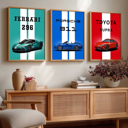 Ferrari 296, Porsche 911, Toyota Supra Car Wall Art Paintings for Living Room