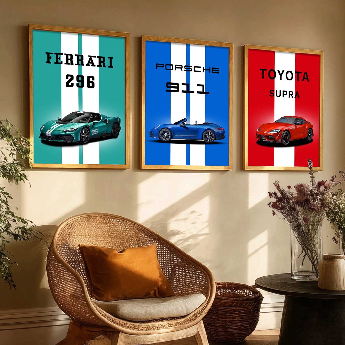 Ferrari 296, Porsche 911, Toyota Supra Car Wall Art Paintings for Living Room