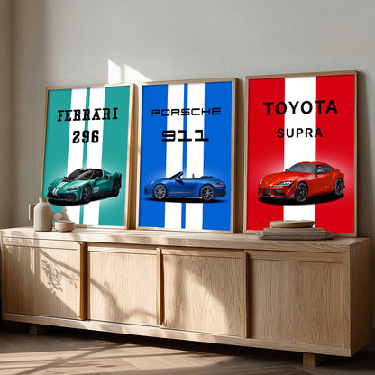 Ferrari 296, Porsche 911, Toyota Supra Car Wall Art Paintings for Living Room