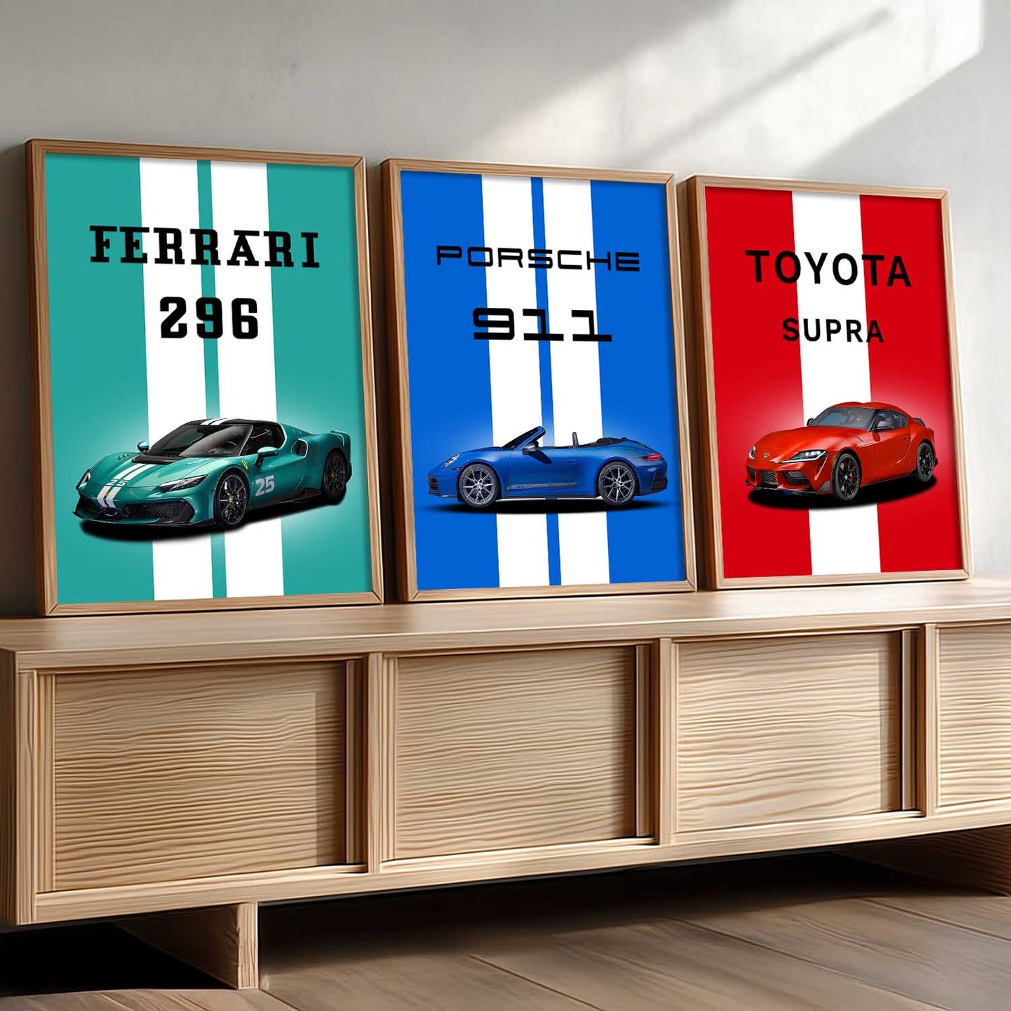 Ferrari 296, Porsche 911, Toyota Supra Car Wall Art Paintings for Living Room
