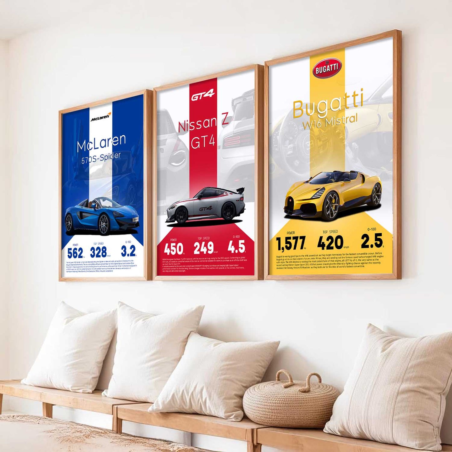 Big Nissan, McLaren, Bugatti Car Wall Art Paintings for Living Room Bedroom