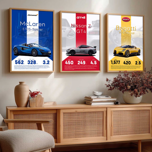 Big Nissan, McLaren, Bugatti Car Wall Art Paintings for Living Room Bedroom