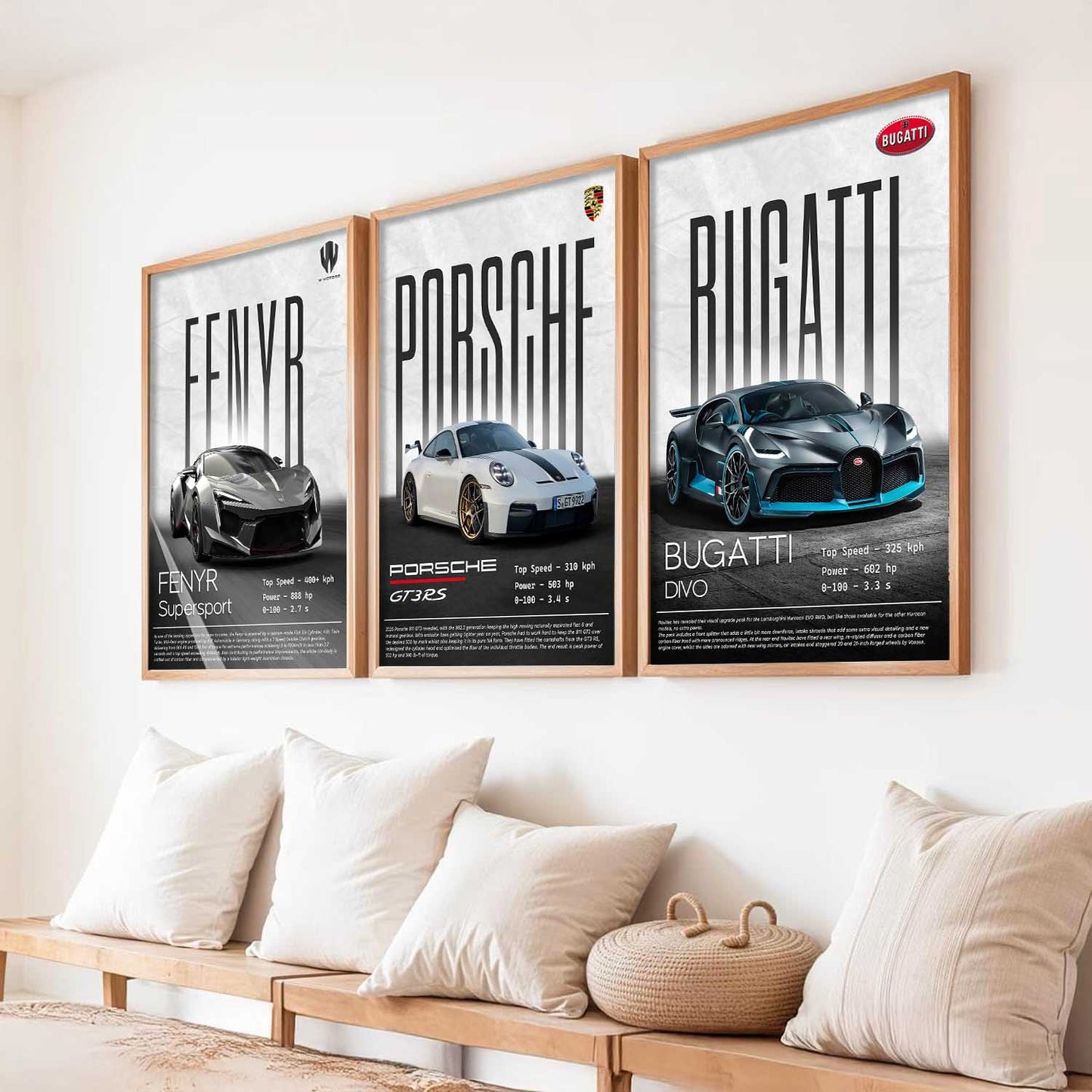 Big Fenyr Supersport, Porsche GT3, Bugatti Divo Car Wall Art Paintings for Living Room Bedroom