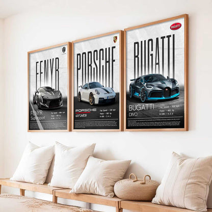 Big Fenyr Supersport, Porsche GT3, Bugatti Divo Car Wall Art Paintings for Living Room Bedroom