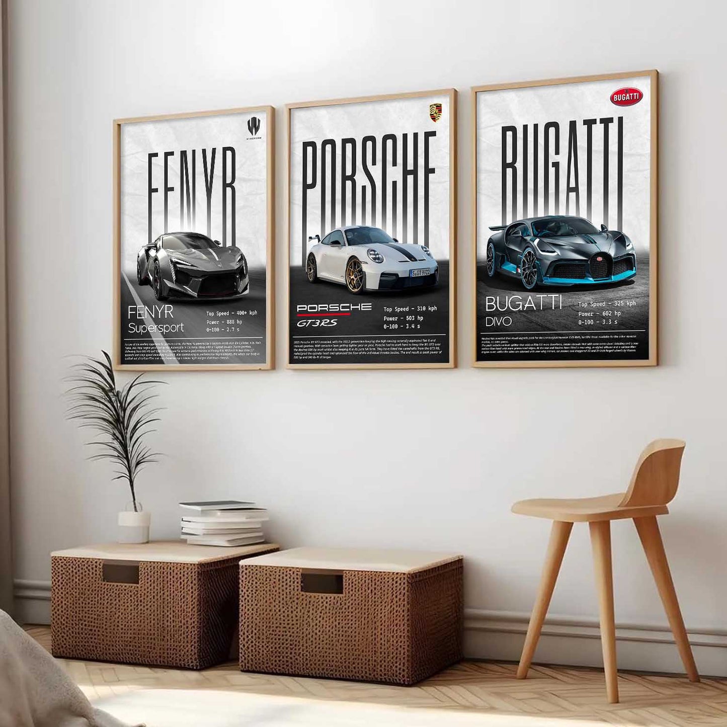 Big Fenyr Supersport, Porsche GT3, Bugatti Divo Car Wall Art Paintings for Living Room Bedroom