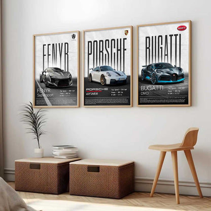Big Fenyr Supersport, Porsche GT3, Bugatti Divo Car Wall Art Paintings for Living Room Bedroom