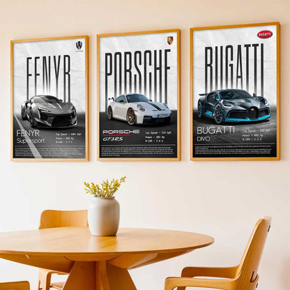 Big Fenyr Supersport, Porsche GT3, Bugatti Divo Car Wall Art Paintings for Living Room Bedroom