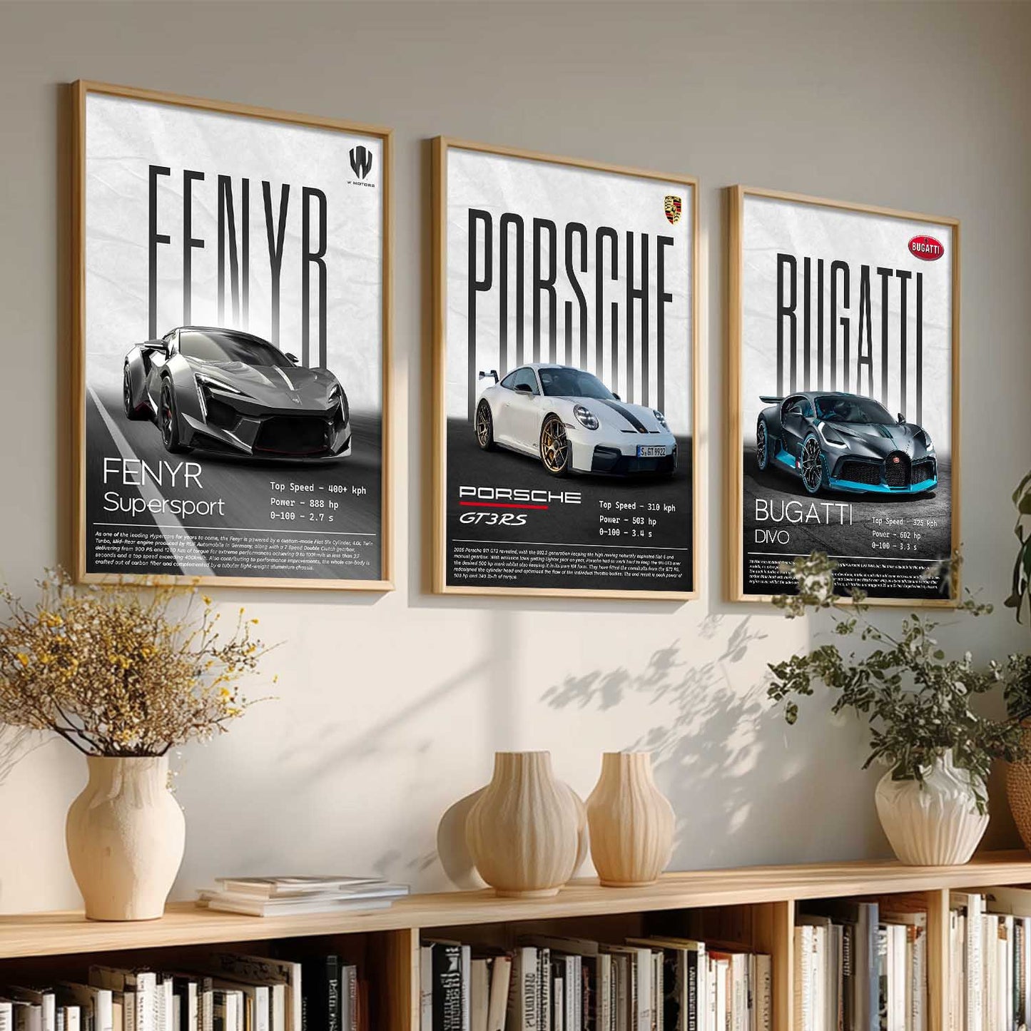 Big Fenyr Supersport, Porsche GT3, Bugatti Divo Car Wall Art Paintings for Living Room Bedroom