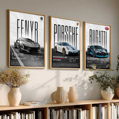 Big Fenyr Supersport, Porsche GT3, Bugatti Divo Car Wall Art Paintings for Living Room Bedroom