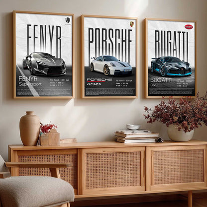 Big Fenyr Supersport, Porsche GT3, Bugatti Divo Car Wall Art Paintings for Living Room Bedroom