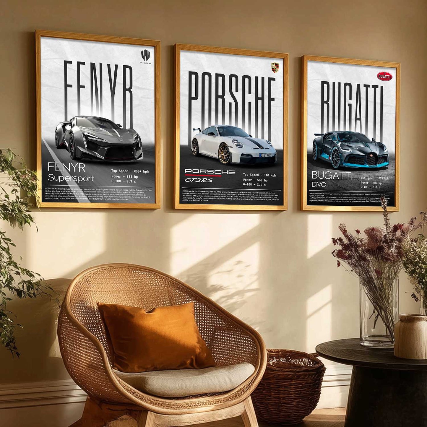 Big Fenyr Supersport, Porsche GT3, Bugatti Divo Car Wall Art Paintings for Living Room Bedroom