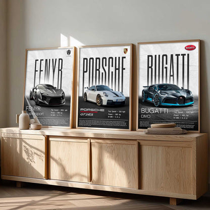 Big Fenyr Supersport, Porsche GT3, Bugatti Divo Car Wall Art Paintings for Living Room Bedroom