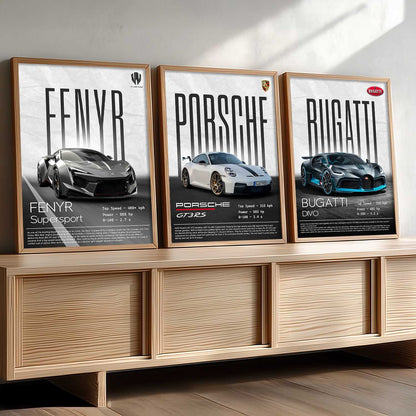 Big Fenyr Supersport, Porsche GT3, Bugatti Divo Car Wall Art Paintings for Living Room Bedroom