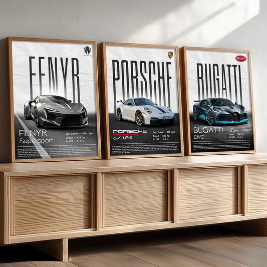Big Fenyr Supersport, Porsche GT3, Bugatti Divo Car Wall Art Paintings for Living Room Bedroom