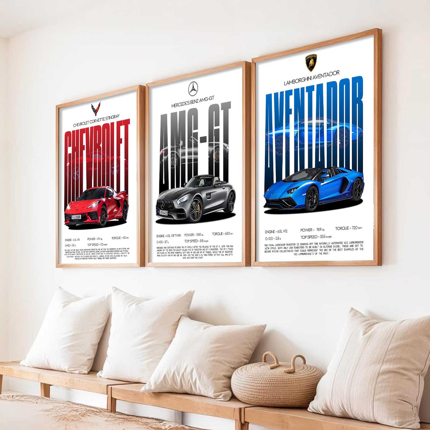 Big Mercedes AMG, Lamborghini Aventador, Chevrolet Car Wall Art Paintings for Living Room Bedroom