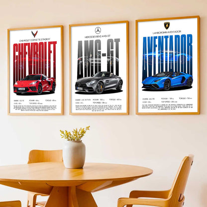 Big Mercedes AMG, Lamborghini Aventador, Chevrolet Car Wall Art Paintings for Living Room Bedroom
