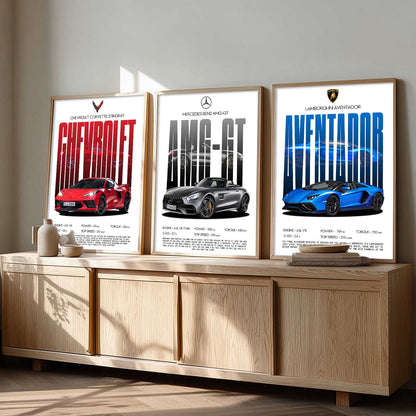 Big Mercedes AMG, Lamborghini Aventador, Chevrolet Car Wall Art Paintings for Living Room Bedroom
