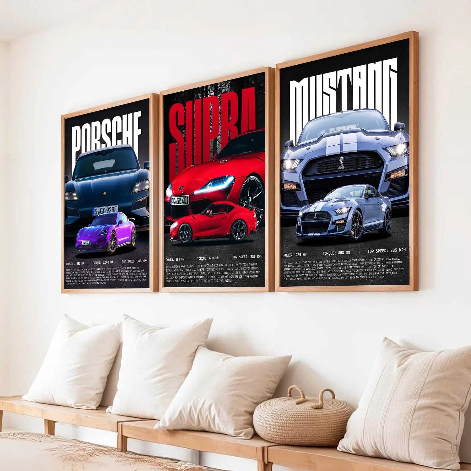 Porsche 911, Supra, Mustang Car Wall Art for Living Room Decor