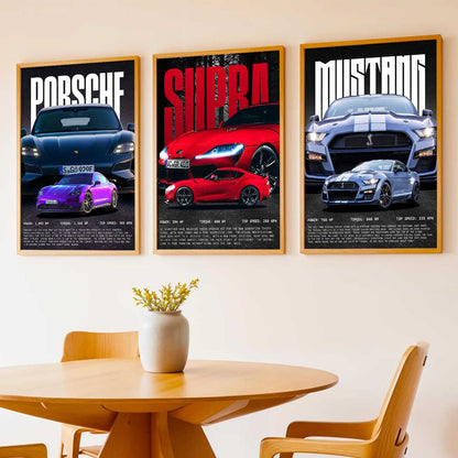 Big Porsche 911, Supra, Mustang Car Wall Art Paintings for Living Room Bedroom