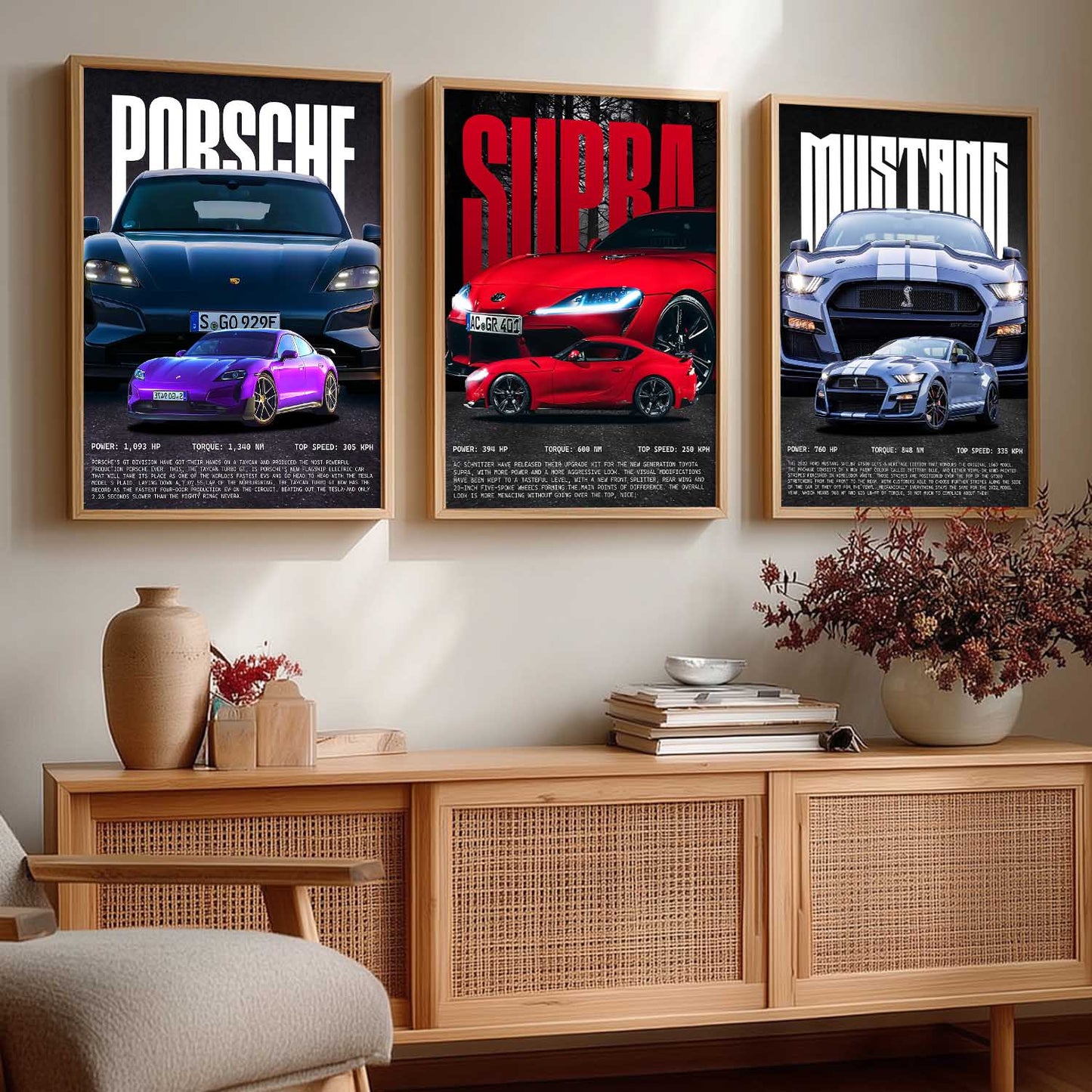 Big Porsche 911, Supra, Mustang Car Wall Art Paintings for Living Room Bedroom