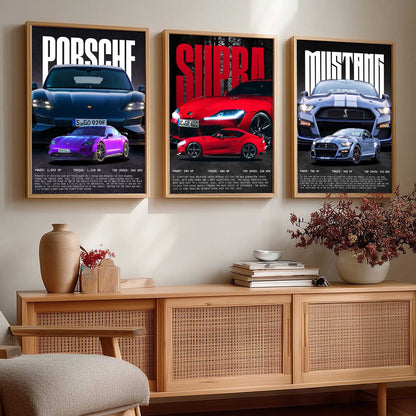 Big Porsche 911, Supra, Mustang Car Wall Art Paintings for Living Room Bedroom